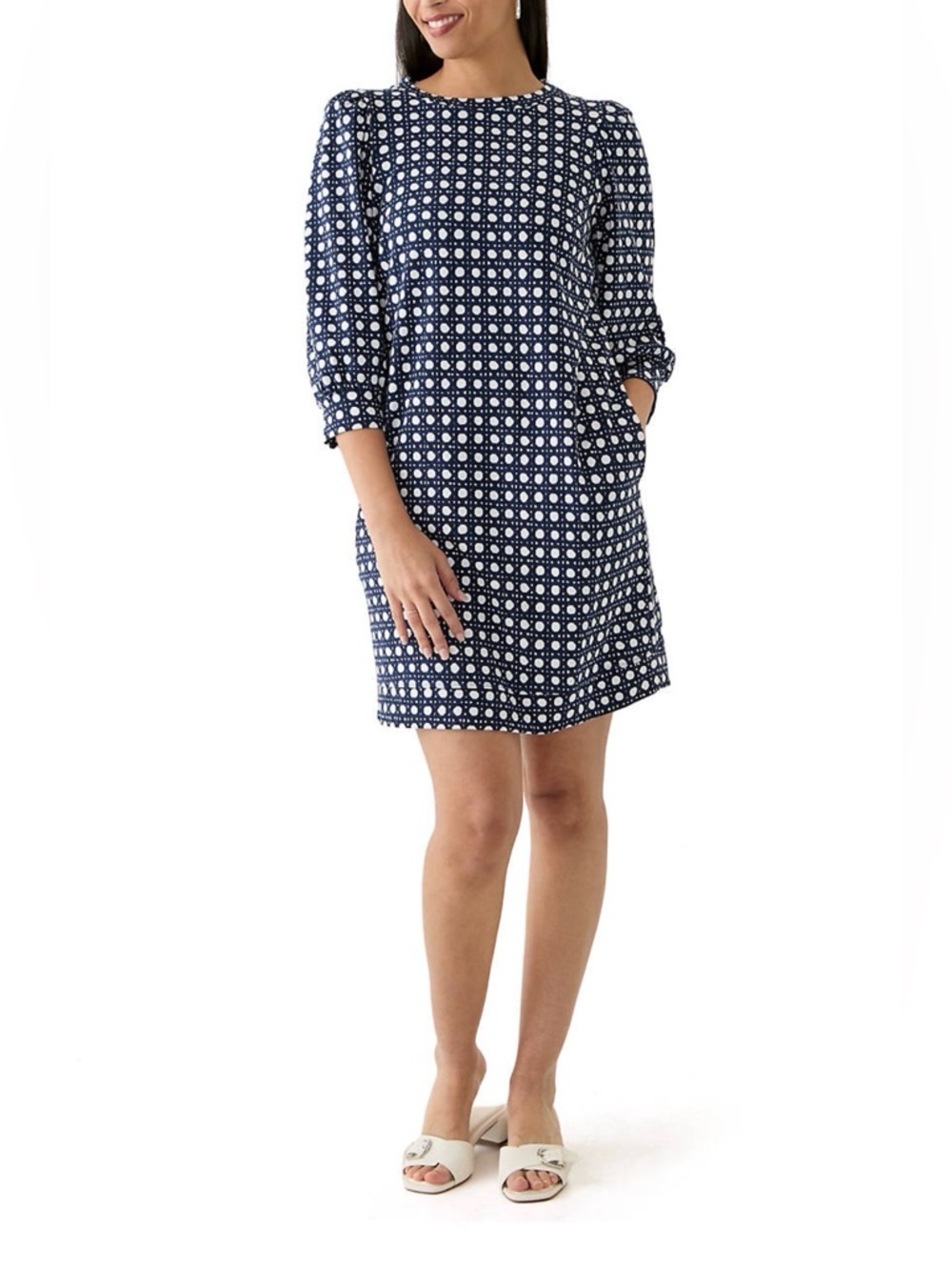 NEW Crown & Ivy Navy White Geometric Shift Dress NWT Women's 3/4 Sleeve Ponte